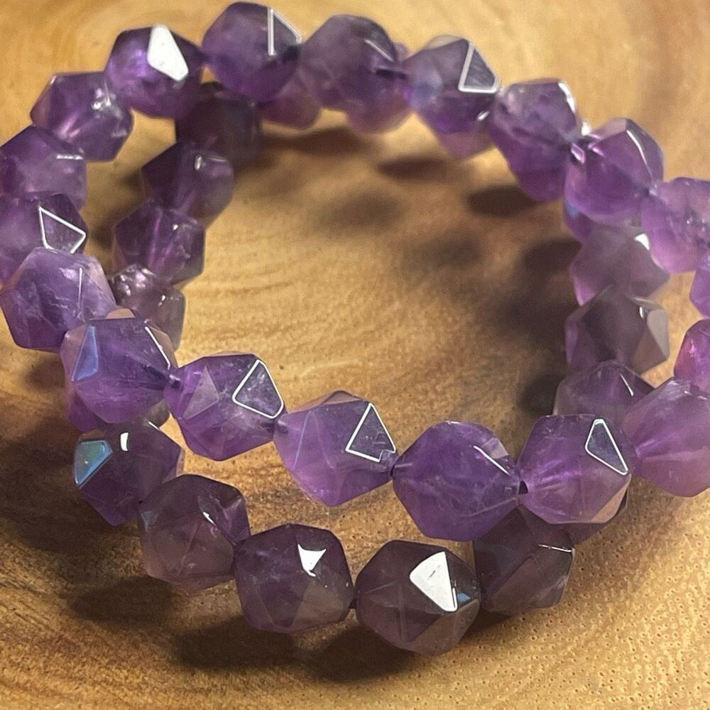 Amethyst purple diamond stretch beaded bracelet 7” crystal healing beads 8mm ONE - Picture 2 of 8
